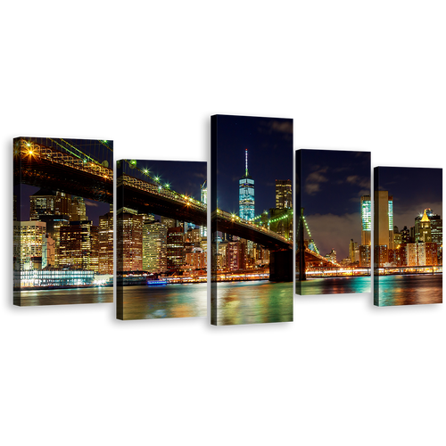 NYC Cityscape Canvas Wall Art, Blue Sky Manhattan Night View Canvas Print, Colorful New York Brooklyn Bridge 5 Piece Multi Canvas