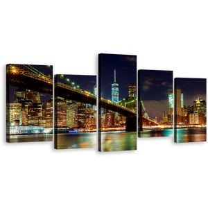 NYC Cityscape Canvas Wall Art, Blue Sky Manhattan Night View Canvas Print, Colorful New York Brooklyn Bridge 5 Piece Multi Canvas