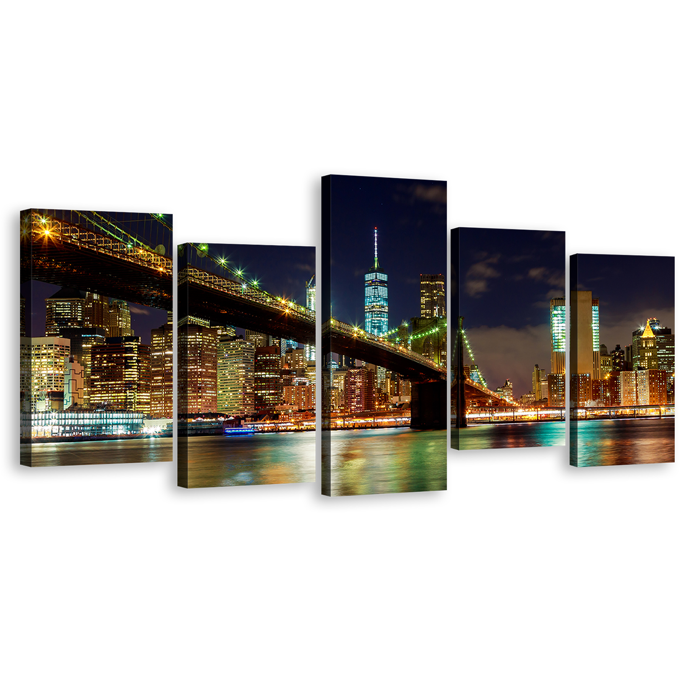 NYC Cityscape Canvas Wall Art, Blue Sky Manhattan Night View Canvas Print, Colorful New York Brooklyn Bridge 5 Piece Multi Canvas