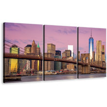 Load image into Gallery viewer, NYC Cityscape Canvas Wall Art, Brown Brooklyn Bridge 3 Piece Canvas Print, Pink Sky New York City Triptych Canvas Set
