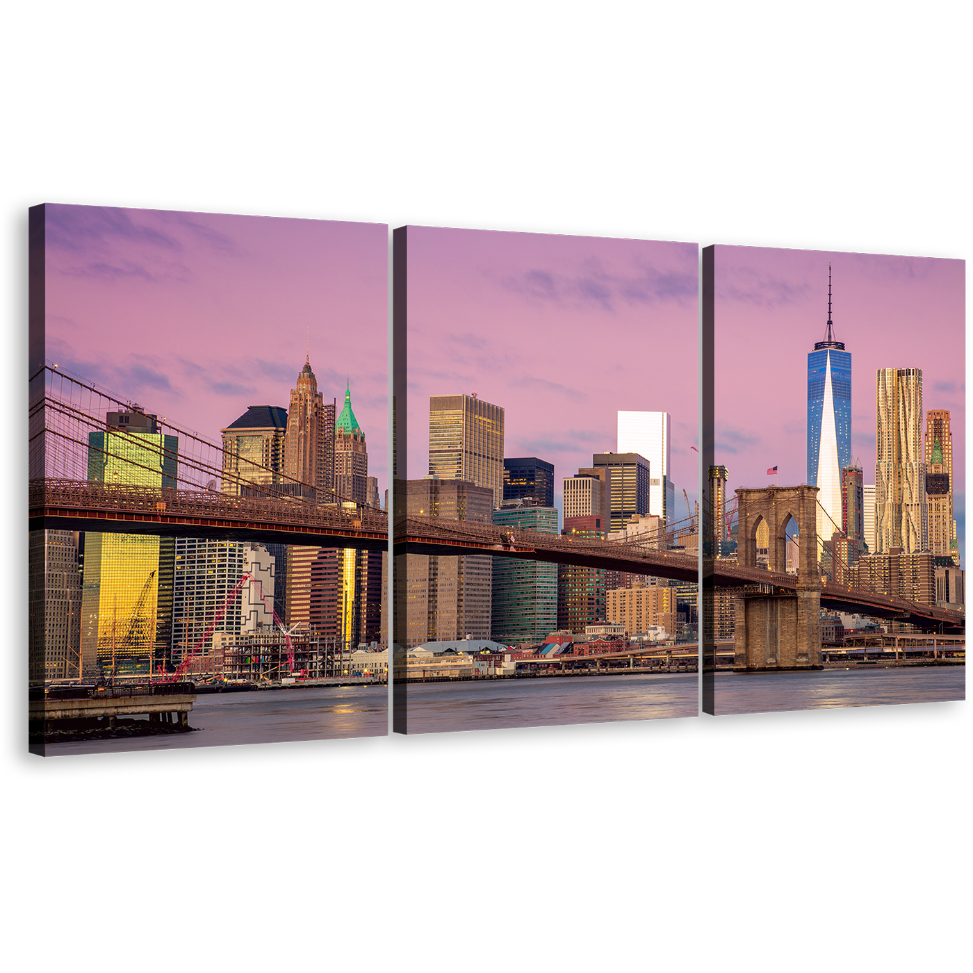 NYC Cityscape Canvas Wall Art, Brown Brooklyn Bridge 3 Piece Canvas Print, Pink Sky New York City Triptych Canvas Set