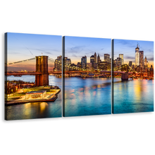 Load image into Gallery viewer, NYC Cityscape Canvas Wall Art, Brown Brooklyn Bridge Canvas Print, Blue New York River 3 Piece Multi Canvas
