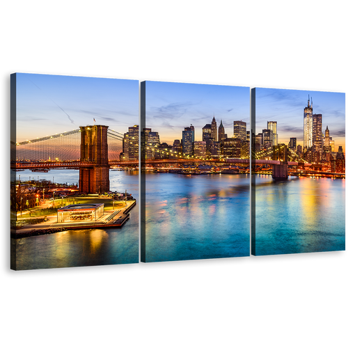 NYC Cityscape Canvas Wall Art, Brown Brooklyn Bridge Canvas Print, Blue New York River 3 Piece Multi Canvas