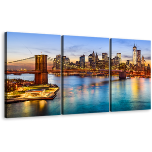 NYC Cityscape Canvas Wall Art, Brown Brooklyn Bridge Canvas Print, Blue New York River 3 Piece Multi Canvas