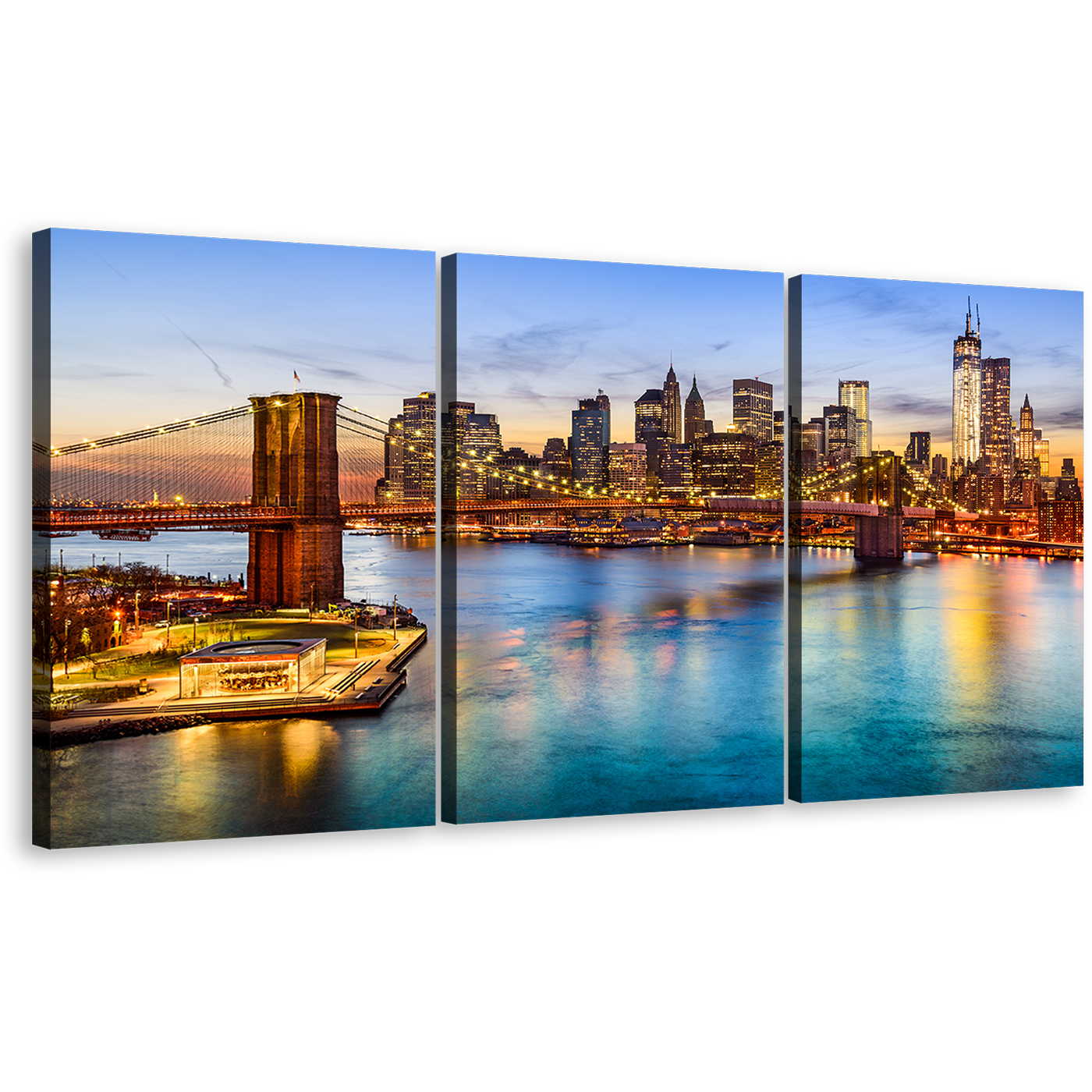 NYC Cityscape Canvas Wall Art, Brown Brooklyn Bridge Canvas Print, Blue New York River 3 Piece Multi Canvas