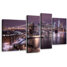 Load image into Gallery viewer, NYC Cityscape Canvas Wall Art, Brown New York River Reflection 4 Piece Canvas Print, Purple Sky Manhattan Digital Painting Multiple Canvas
