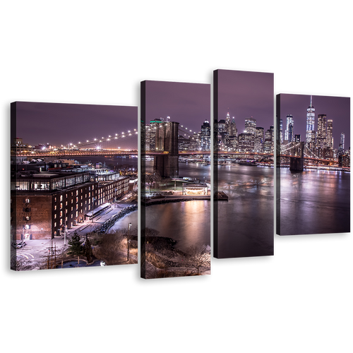 NYC Cityscape Canvas Wall Art, Brown New York River Reflection 4 Piece Canvas Print, Purple Sky Manhattan Digital Painting Multiple Canvas