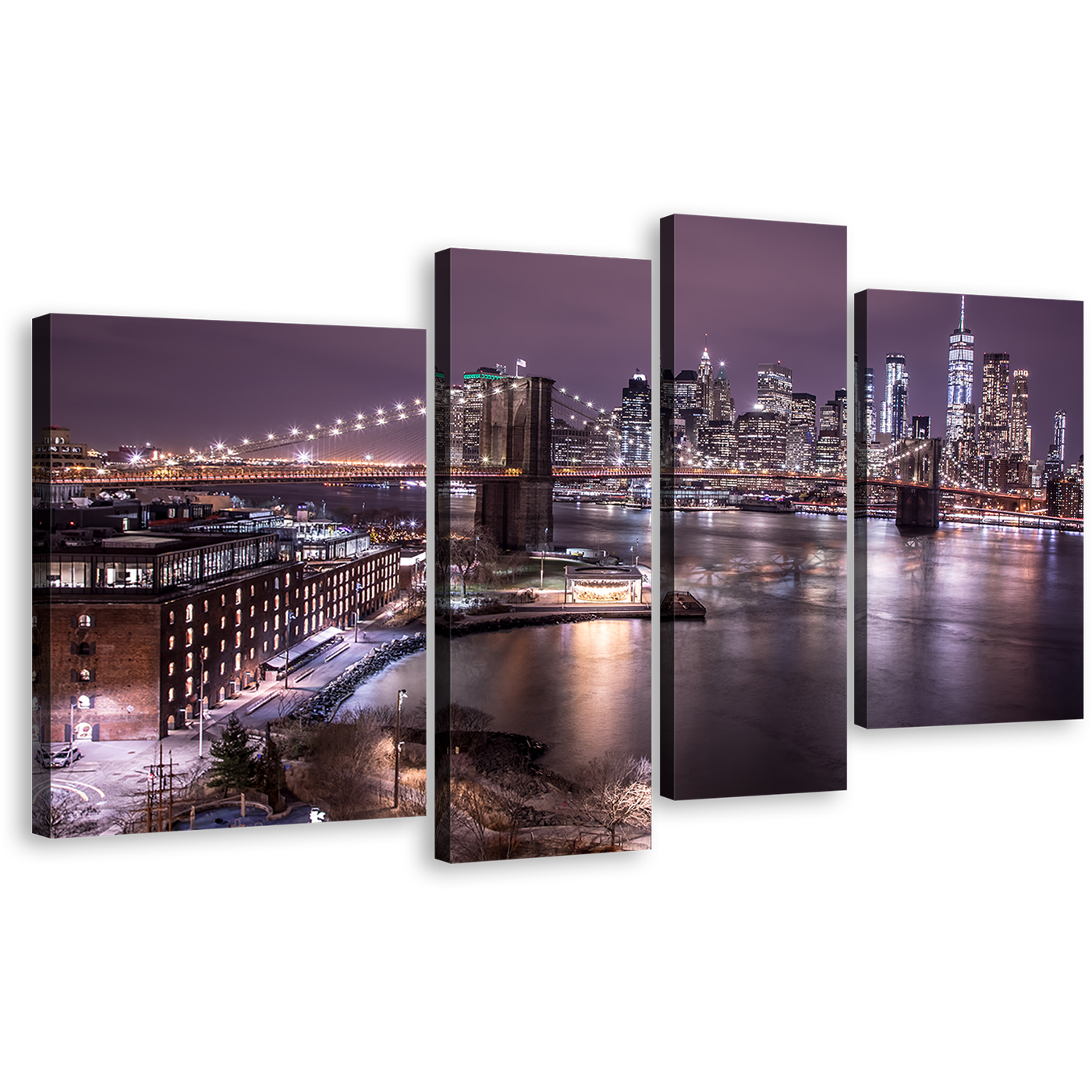 NYC Cityscape Canvas Wall Art, Brown New York River Reflection 4 Piece Canvas Print, Purple Sky Manhattan Digital Painting Multiple Canvas