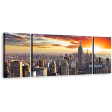 Load image into Gallery viewer, NYC Cityscape Canvas Wall Art, Grey New York City Skyline 3 Piece Canvas Print, Manhattan Dramatic Yellow Cloudy Sunset Triptych Multi Canvas
