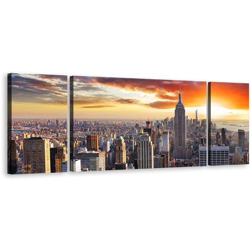 NYC Cityscape Canvas Wall Art, Grey New York City Skyline 3 Piece Canvas Print, Manhattan Dramatic Yellow Cloudy Sunset Triptych Multi Canvas