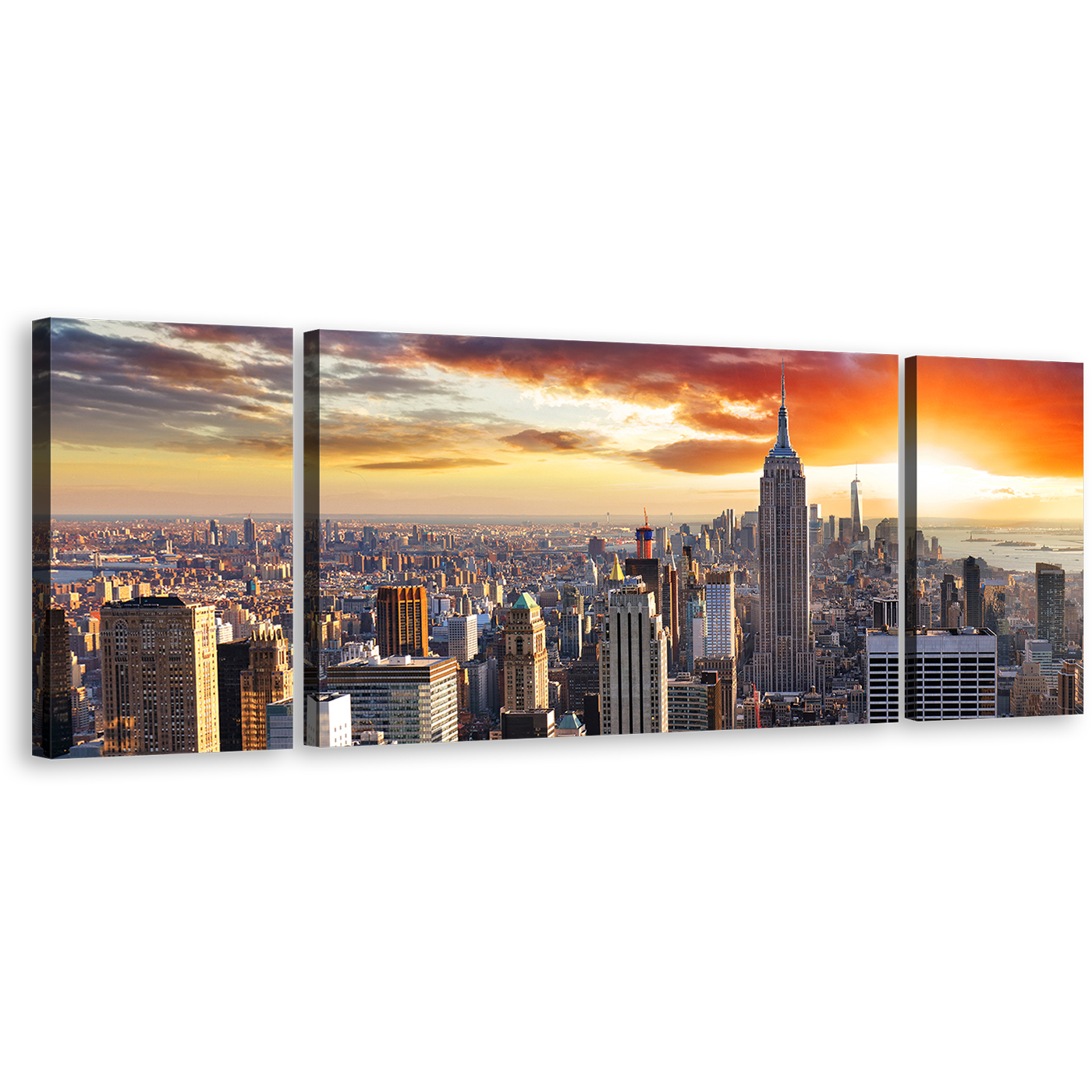 NYC Cityscape Canvas Wall Art, Grey New York City Skyline 3 Piece Canvas Print, Manhattan Dramatic Yellow Cloudy Sunset Triptych Multi Canvas