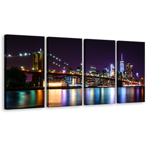 NYC Cityscape Canvas Wall Art, Manhattan Purple Sky Brooklyn Bridge Canvas Print, Colorful New York Skyline 4 Piece Canvas Set