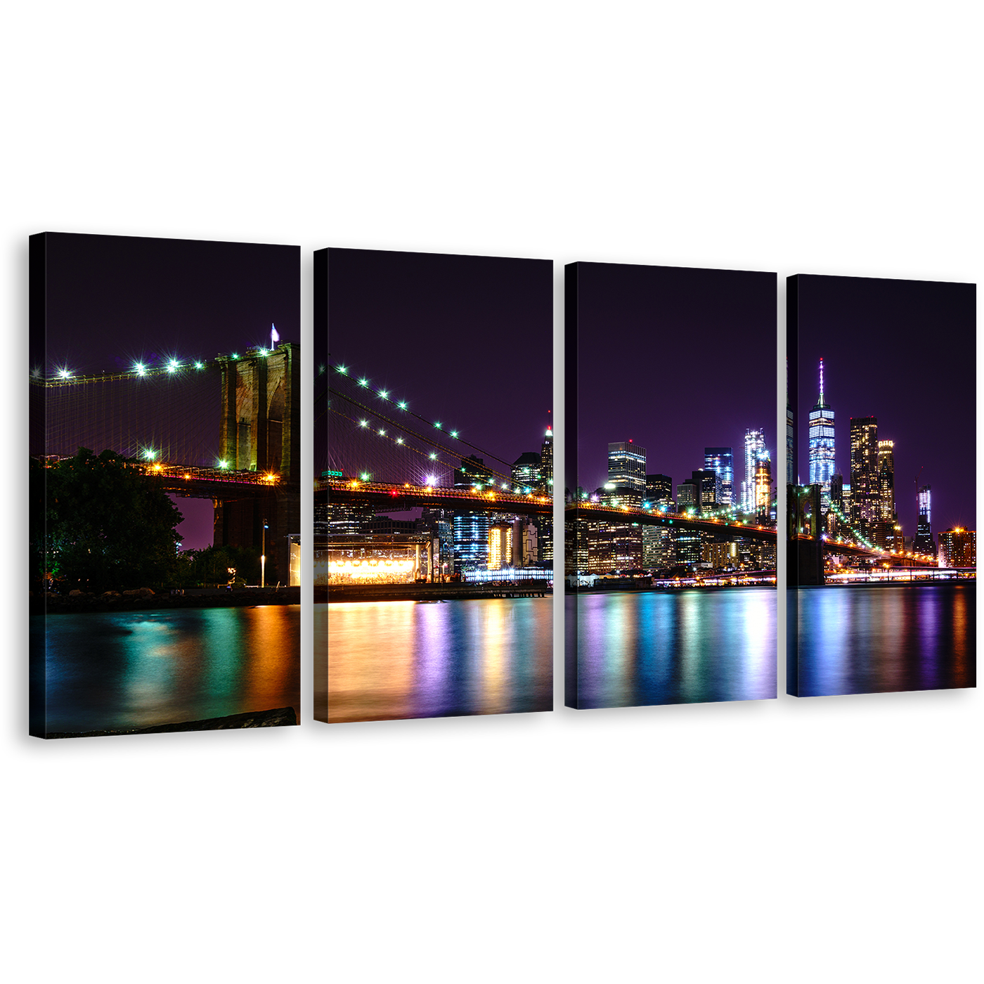 NYC Cityscape Canvas Wall Art, Manhattan Purple Sky Brooklyn Bridge Canvas Print, Colorful New York Skyline 4 Piece Canvas Set