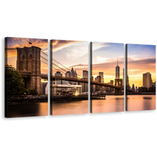 Load image into Gallery viewer, NYC Cityscape Canvas Wall Art, Yellow Brown New York City 4 Piece Canvas Print, Brooklyn Bridge Yellow Cloudy Sky Multi Canvas Artwork
