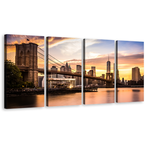 NYC Cityscape Canvas Wall Art, Yellow Brown New York City 4 Piece Canvas Print, Brooklyn Bridge Yellow Cloudy Sky Multi Canvas Artwork