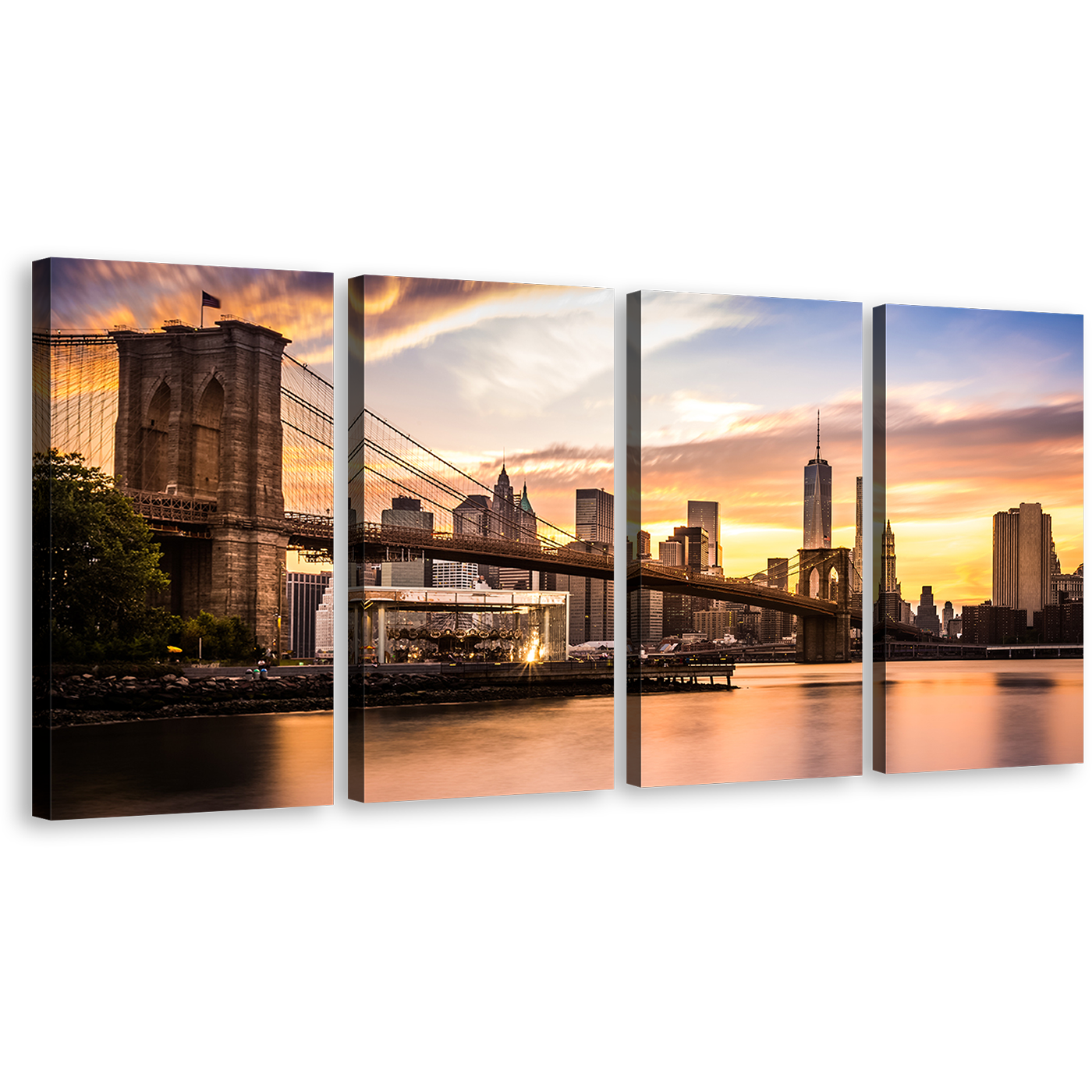 NYC Cityscape Canvas Wall Art, Yellow Brown New York City 4 Piece Canvas Print, Brooklyn Bridge Yellow Cloudy Sky Multi Canvas Artwork