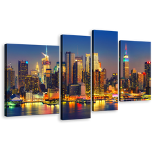 Load image into Gallery viewer, NYC Cityscape Canvas Wall Art, Yellow Midtown Manhattan Night Lights 4 Piece Canvas Print, Blue New York City Evening Multi Canvas
