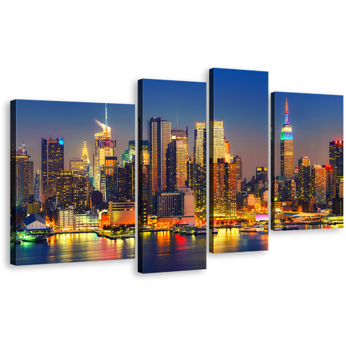 NYC Cityscape Canvas Wall Art, Yellow Midtown Manhattan Night Lights 4 Piece Canvas Print, Blue New York City Evening Multi Canvas