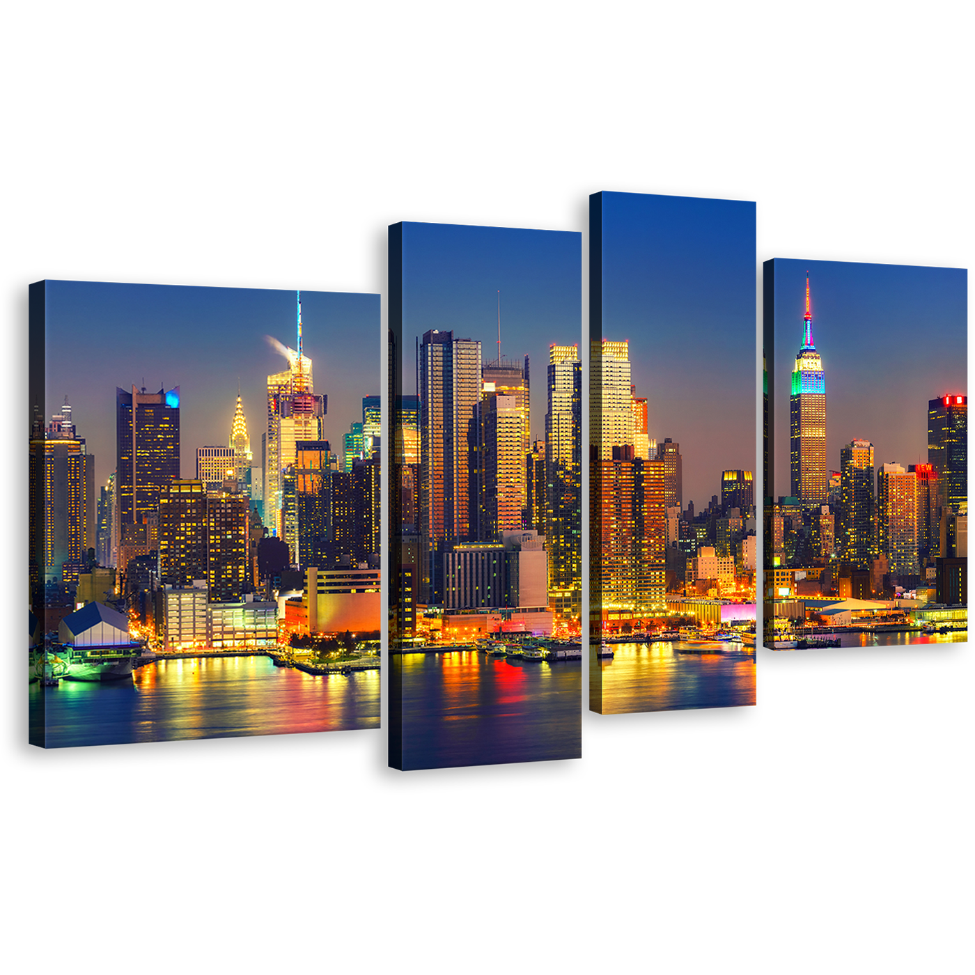 NYC Cityscape Canvas Wall Art, Yellow Midtown Manhattan Night Lights 4 Piece Canvas Print, Blue New York City Evening Multi Canvas