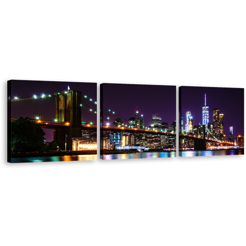 NYC Manhattan Canvas Wall Art, Colorful New York Cityscape Multiple Canvas, Brooklyn Bridge at Night 3 Piece Canvas Print