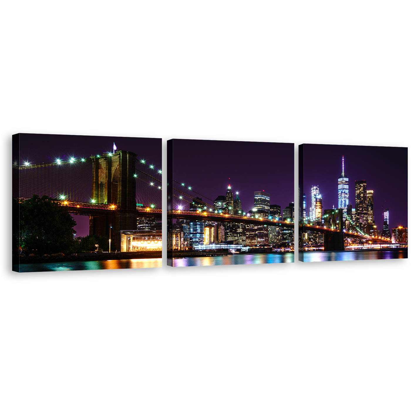 NYC Manhattan Canvas Wall Art, Colorful New York Cityscape Multiple Canvas, Brooklyn Bridge at Night 3 Piece Canvas Print