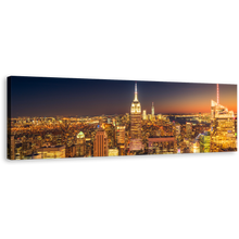 Load image into Gallery viewer, NYC Midtown Canvas Wall Art, Yellow Manhattan City Lights 1 Piece Canvas Print, New York Empire State Building Wide Canvas, Blue Sky Cityscape Canvas Artwork
