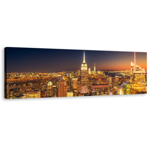 NYC Midtown Canvas Wall Art, Yellow Manhattan City Lights 1 Piece Canvas Print, New York Empire State Building Wide Canvas, Blue Sky Cityscape Canvas Artwork