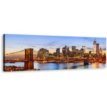 Load image into Gallery viewer, NYC River Canvas Print, Brown Yellow New York Cityscape Wide Canvas, Brooklyn Bridge at Blue Sky 1 Piece Canvas Wall Art
