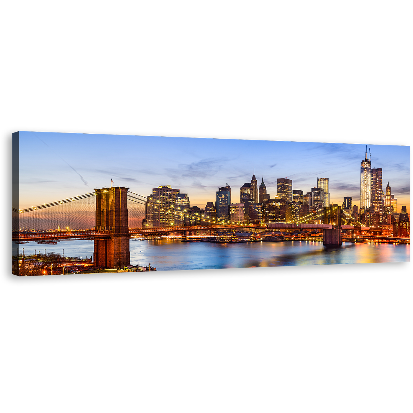 NYC River Canvas Print, Brown Yellow New York Cityscape Wide Canvas, Brooklyn Bridge at Blue Sky 1 Piece Canvas Wall Art