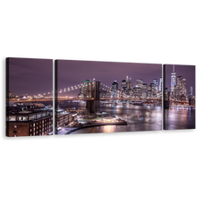 Load image into Gallery viewer, NYC River Canvas Wall Art, Purple Sky Manhattan Digital Painting 3 Piece Canvas Set, Brown Brooklyn Bridge Cityscape Triptych Canvas Print
