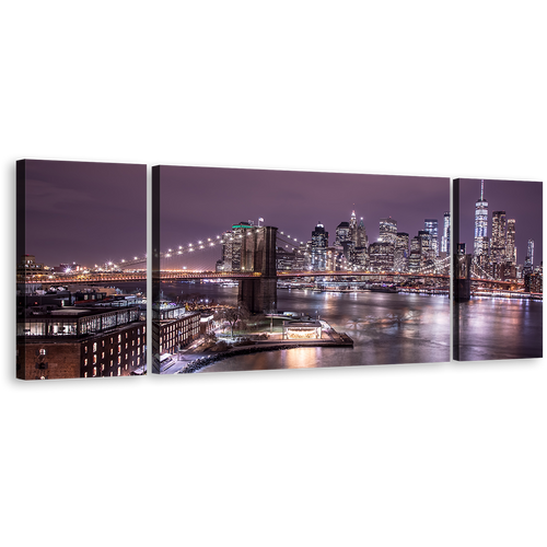 NYC River Canvas Wall Art, Purple Sky Manhattan Digital Painting 3 Piece Canvas Set, Brown Brooklyn Bridge Cityscape Triptych Canvas Print