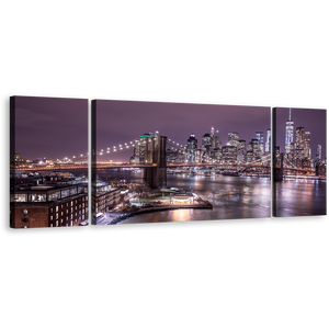 NYC River Canvas Wall Art, Purple Sky Manhattan Digital Painting 3 Piece Canvas Set, Brown Brooklyn Bridge Cityscape Triptych Canvas Print