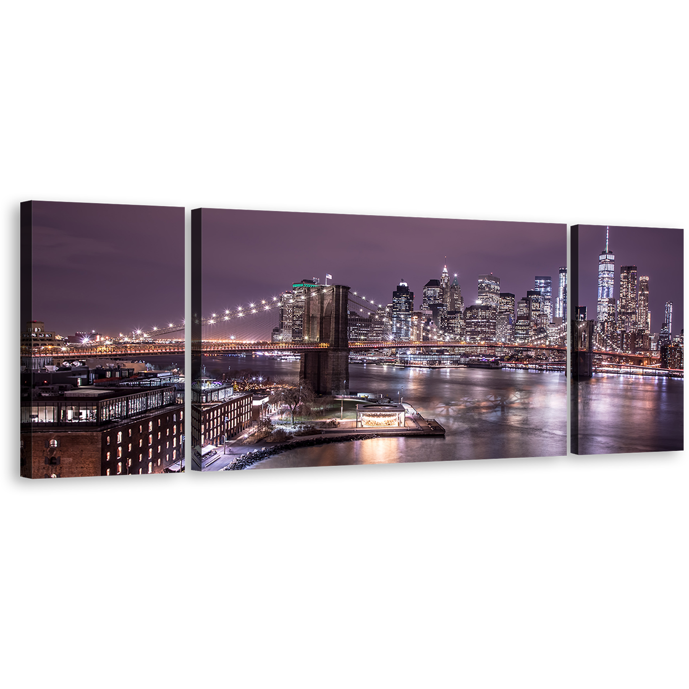 NYC River Canvas Wall Art, Purple Sky Manhattan Digital Painting 3 Piece Canvas Set, Brown Brooklyn Bridge Cityscape Triptych Canvas Print