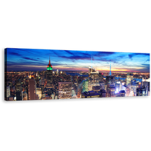 Load image into Gallery viewer, NYC Skyline Canvas Print, Midtown Manhattan at Dusk Canvas Artwork, Blue Sky City Aerial View Panoramic Canvas Wall Art, Yellow New York City Lights Wide Canvas
