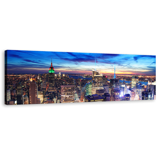 NYC Skyline Canvas Print, Midtown Manhattan at Dusk Canvas Artwork, Blue Sky City Aerial View Panoramic Canvas Wall Art, Yellow New York City Lights Wide Canvas