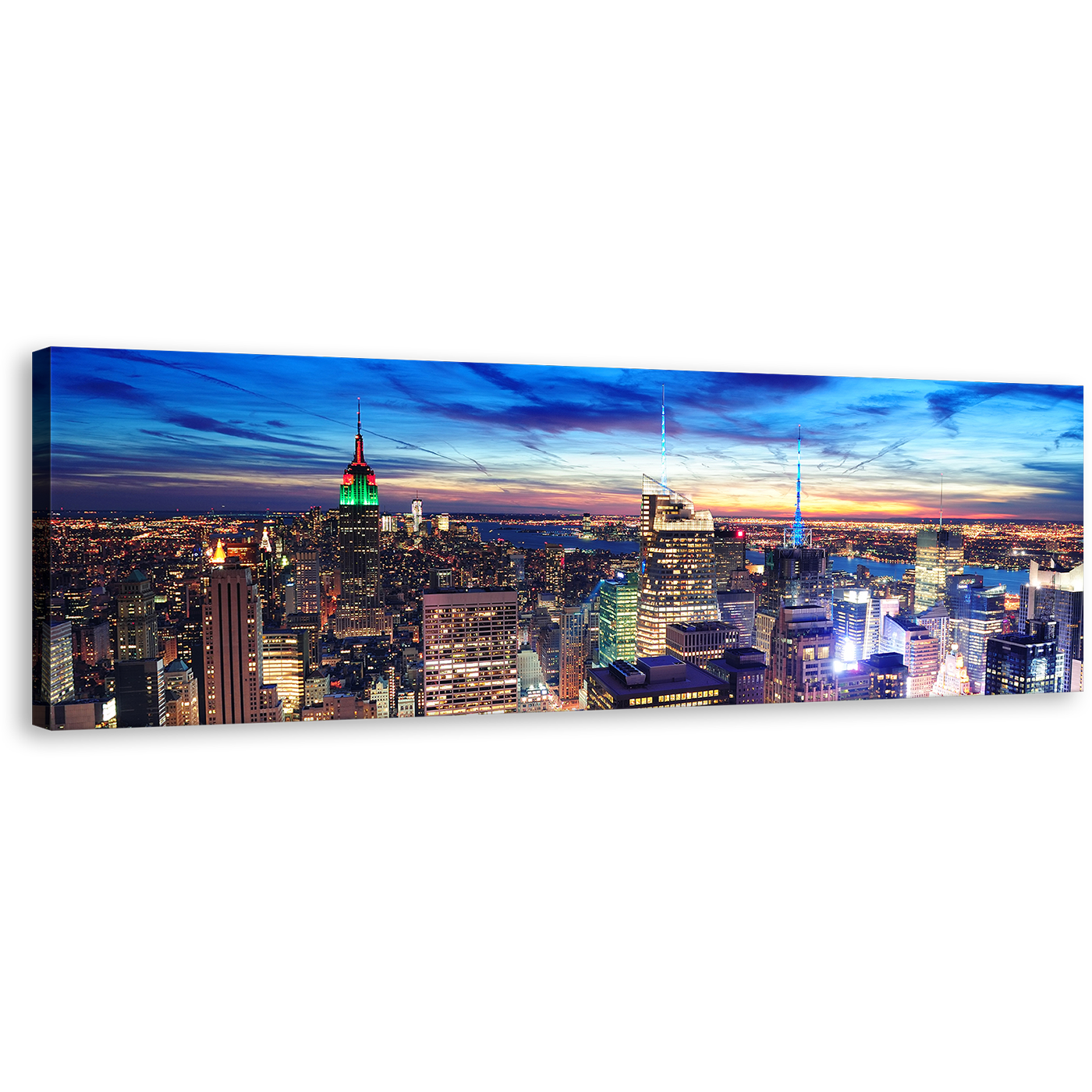 NYC Skyline Canvas Print, Midtown Manhattan at Dusk Canvas Artwork, Blue Sky City Aerial View Panoramic Canvas Wall Art, Yellow New York City Lights Wide Canvas