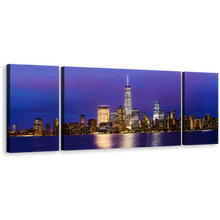 Load image into Gallery viewer, NYC Skyline Canvas Wall Art, Downtown Manhattan Blue Purple Sky 3 Piece Multi Canvas, Black New York Cityscape Triptych Canvas Print
