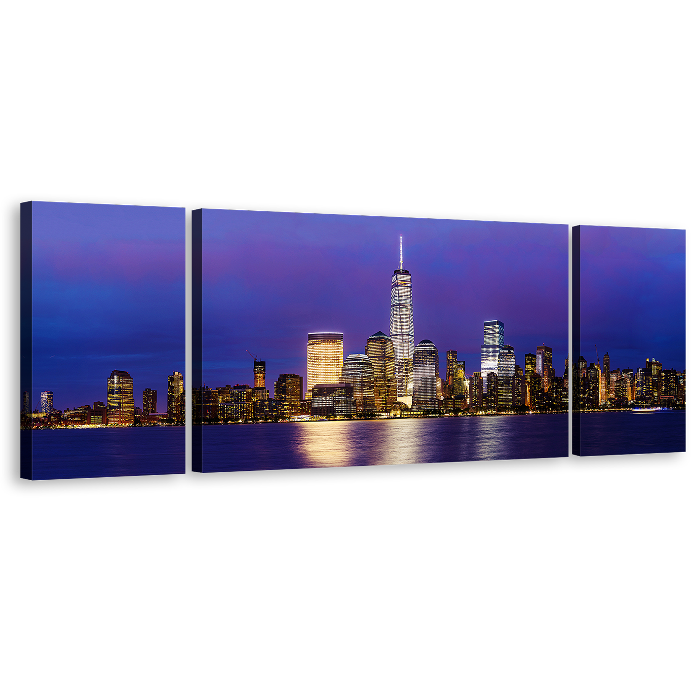 NYC Skyline Canvas Wall Art, Downtown Manhattan Blue Purple Sky 3 Piece Multi Canvas, Black New York Cityscape Triptych Canvas Print