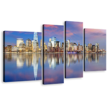 Load image into Gallery viewer, NYC Skyline Canvas Wall Art, Downtown Manhattan Blue Sky 4 Piece Multi Canvas, Yellow New York Cityscape Canvas Print
