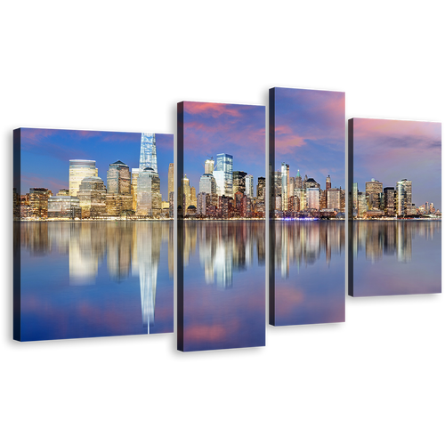 NYC Skyline Canvas Wall Art, Downtown Manhattan Blue Sky 4 Piece Multi Canvas, Yellow New York Cityscape Canvas Print