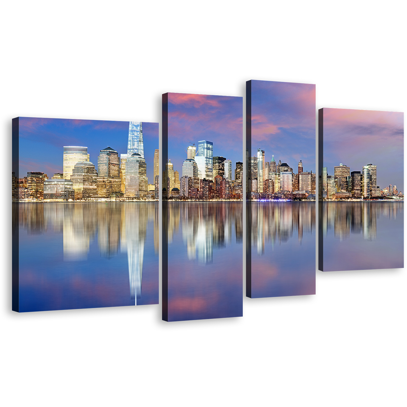 NYC Skyline Canvas Wall Art, Downtown Manhattan Blue Sky 4 Piece Multi Canvas, Yellow New York Cityscape Canvas Print