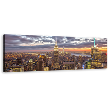 Load image into Gallery viewer, NYC Skyline Canvas Wall Art, Yellow New York City Panoramic Canvas Print, Grey Manhattan Dramatic Skies Wide Canvas
