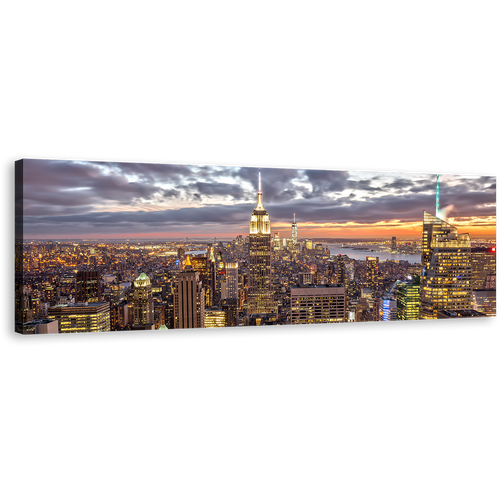 NYC Skyline Canvas Wall Art, Yellow New York City Panoramic Canvas Print, Grey Manhattan Dramatic Skies Wide Canvas