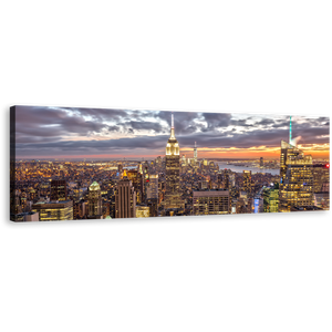 NYC Skyline Canvas Wall Art, Yellow New York City Panoramic Canvas Print, Grey Manhattan Dramatic Skies Wide Canvas