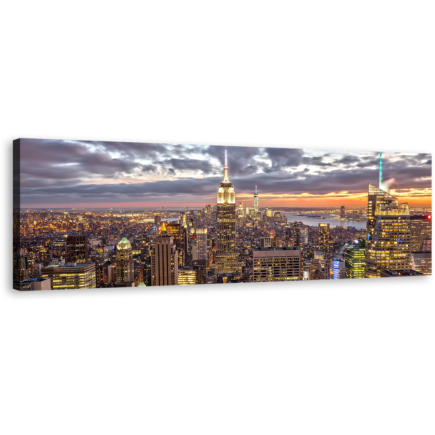 NYC Skyline Canvas Wall Art, Yellow New York City Panoramic Canvas Print, Grey Manhattan Dramatic Skies Wide Canvas