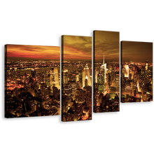 Load image into Gallery viewer, NYC Skyline Wall Art, Brown New York City 4 Piece Canvas Print, Dramatic Yellow Cloudy Sky Multi Canvas
