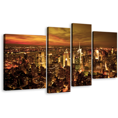 NYC Skyline Wall Art, Brown New York City 4 Piece Canvas Print, Dramatic Yellow Cloudy Sky Multi Canvas