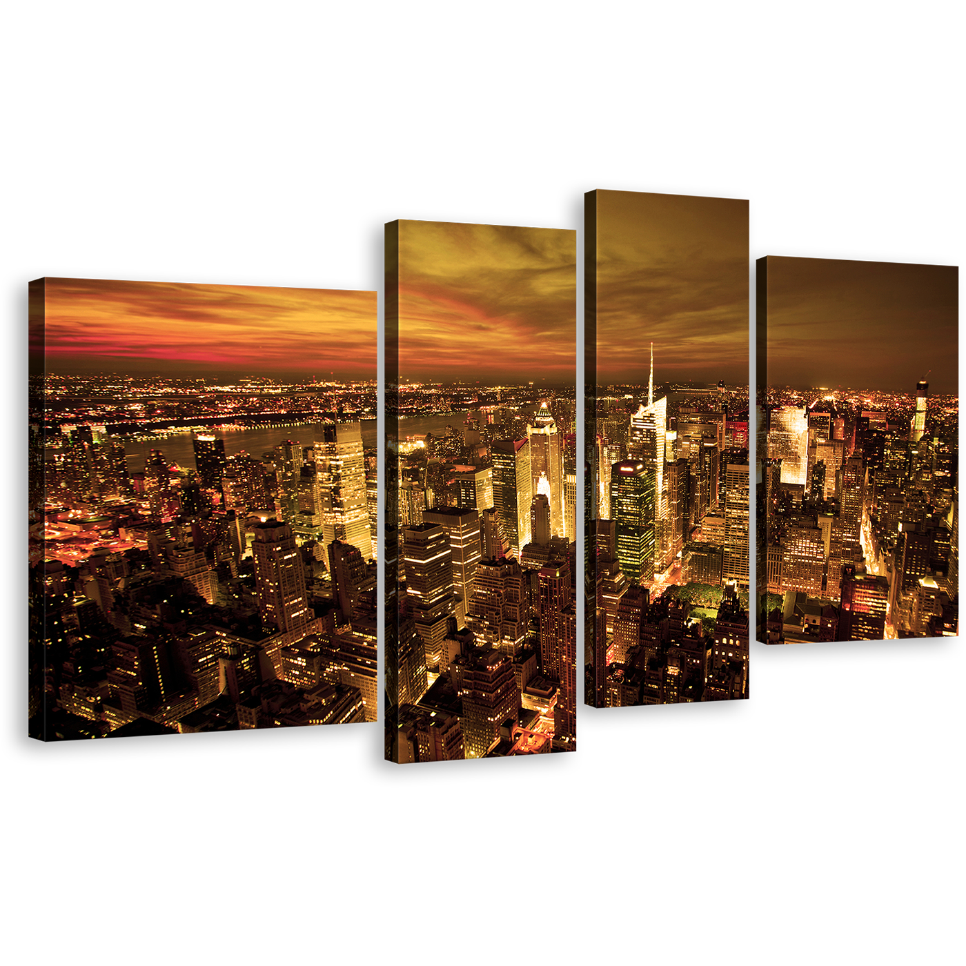 NYC Skyline Wall Art, Brown New York City 4 Piece Canvas Print, Dramatic Yellow Cloudy Sky Multi Canvas