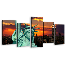 Load image into Gallery viewer, NYC Statue Canvas Wall Art, Orange New York City Multi Canvas Artwork, Green Lady Liberty Canvas Print, Statue of Liberty Close Up 5 Piece Canvas Set
