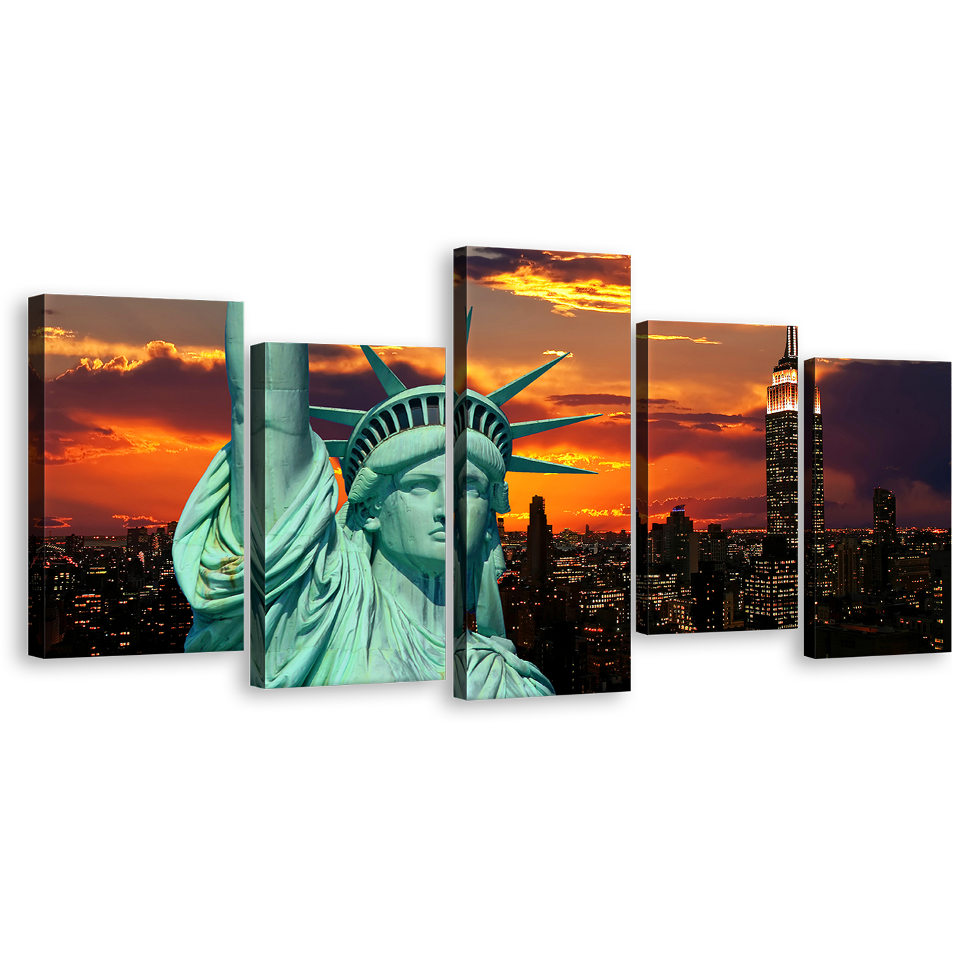 NYC Statue Canvas Wall Art, Orange New York City Multi Canvas Artwork, Green Lady Liberty Canvas Print, Statue of Liberty Close Up 5 Piece Canvas Set